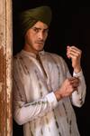 Preevin_Olive Green Cotton, Silk Embroidery Tie Dye Line Sequence Kurta Set _Online_at_Aza_Fashions