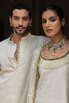 Preevin_Off White Cotton Sequins, Embroidery Dots Full Kurta With Pant _at_Aza_Fashions