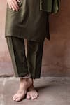 Preevin_Olive Green Cotton, Silk Embroidery Line Sequence Kurta With Pant _Online_at_Aza_Fashions