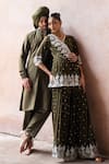 Buy_Preevin_Olive Green Cotton, Silk Embroidery Line Sequence Kurta With Pant 