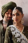 Shop_Preevin_Olive Green Cotton, Silk Embroidery Line Sequence Kurta With Pant 