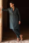 Buy_Preevin_Teal Cotton, Silk Sequins Line Sequence Kurta With Pant _at_Aza_Fashions