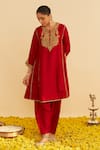 Buy_Sheetal Batra_Red Silk Organza Embroidery Round Neck Ayra Kurta Set _at_Aza_Fashions