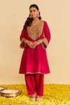 Sheetal Batra_Pink Silk Organza Embroidery Split V-neck Mehza Kurta Set _at_Aza_Fashions