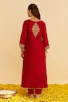Shop_Sheetal Batra_Red Silk Organza Embroidery Split V-neck Hiba Kaftan Set _at_Aza_Fashions