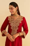Sheetal Batra_Red Silk Organza Embroidery Split V-neck Hiba Kaftan Set _at_Aza_Fashions