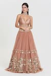 Buy_Abhinav Mishra_Brown Net, Chanderi Sequins, Mirrors, Ruhani Caramel Embroidered Lehenga Set _Online_at_Aza_Fashions