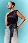 Emblaze_Navy Round Neck Blue Embellished Tie-up Top _Online_at_Aza_Fashions