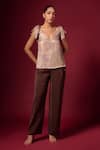 Buy_Emblaze_Gold Cotton Satin V-neck Foil Tie-up Top _at_Aza_Fashions