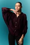 Emblaze_Purple Chiffon, Satin Collared Pleated Shirt _Online_at_Aza_Fashions