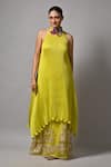 Buy_Kiran Uttam Ghosh_Yellow Polyester Embroidery High Neck Hand Dress _at_Aza_Fashions