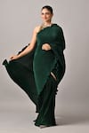 Buy_Kiran Uttam Ghosh_Green Polyester Round Neck Pleated Hand Embroidered Saree Set _at_Aza_Fashions