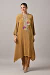 Kiran Uttam Ghosh_Mustard Polyester Fabric Flowers Round Neck Pleated Hand Embroidered Kurta _Online_at_Aza_Fashions