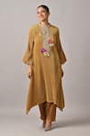 Shop_Kiran Uttam Ghosh_Mustard Polyester Fabric Flowers Round Neck Pleated Hand Embroidered Kurta _Online_at_Aza_Fashions