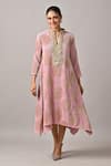 Buy_Kiran Uttam Ghosh_Pink Polyester Beads Notched Neck Hand Embroidered Pleated Kurta _at_Aza_Fashions
