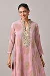 Shop_Kiran Uttam Ghosh_Pink Polyester Beads Notched Neck Hand Embroidered Pleated Kurta _at_Aza_Fashions