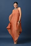 Kiran Uttam Ghosh_Peach Polyester Embroidery High Neck Hand Pleated Dress _Online_at_Aza_Fashions