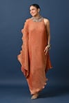 Buy_Kiran Uttam Ghosh_Peach Polyester Embroidery High Neck Hand Pleated Dress _at_Aza_Fashions