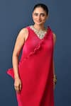Kiran Uttam Ghosh_Pink Polyester Ruffles, Embroidery High Neck Hand Dress And Drape _Online_at_Aza_Fashions