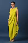 Shop_Kiran Uttam Ghosh_Green Polyester Embroidery Round Neck Pleated Designer Dress And Drape Set _Online_at_Aza_Fashions