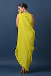 Shop_Kiran Uttam Ghosh_Green Polyester Embroidery Round Neck Pleated Designer Dress And Drape Set _at_Aza_Fashions