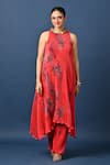 Buy_Kiran Uttam Ghosh_Red Polyester Embroidery High Neck Hand Pleated Dress _at_Aza_Fashions