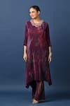 Buy_Kiran Uttam Ghosh_Wine Polyester Embroidery Round Neck Pleated Hand Kurta _at_Aza_Fashions