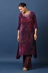 Kiran Uttam Ghosh_Wine Polyester Embroidery Round Neck Pleated Hand Kurta _Online_at_Aza_Fashions