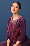 Buy_Kiran Uttam Ghosh_Wine Polyester Embroidery Round Neck Pleated Hand Kurta _Online_at_Aza_Fashions