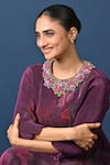 Shop_Kiran Uttam Ghosh_Wine Polyester Embroidery Round Neck Pleated Hand Kurta _Online_at_Aza_Fashions