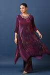 Shop_Kiran Uttam Ghosh_Wine Polyester Embroidery Round Neck Pleated Hand Kurta _at_Aza_Fashions
