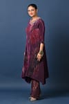 Kiran Uttam Ghosh_Wine Polyester Embroidery Round Neck Pleated Hand Kurta _at_Aza_Fashions