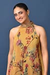 Kiran Uttam Ghosh_Mustard Polyester Embroidery Halter Neck Hand Dress _Online_at_Aza_Fashions