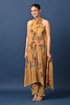 Shop_Kiran Uttam Ghosh_Mustard Polyester Embroidery Halter Neck Hand Dress _at_Aza_Fashions
