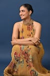 Buy_Kiran Uttam Ghosh_Mustard Polyester Embroidery Halter Neck Hand Dress _Online_at_Aza_Fashions