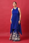 Shop_Kiran Uttam Ghosh_Blue Polyester Embroidery Round Neck Pleated Designer Dress _at_Aza_Fashions