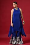 Buy_Kiran Uttam Ghosh_Blue Polyester Embroidery Round Neck Pleated Designer Dress _at_Aza_Fashions