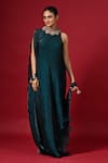 Buy_Kiran Uttam Ghosh_Blue Polyester Embroidery Round Neck Hand Pleated Dress _at_Aza_Fashions