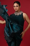 Buy_Kiran Uttam Ghosh_Blue Polyester Embroidery Round Neck Hand Pleated Dress _Online_at_Aza_Fashions