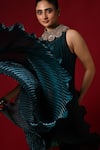 Shop_Kiran Uttam Ghosh_Blue Polyester Embroidery Round Neck Hand Pleated Dress _Online_at_Aza_Fashions