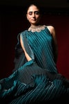 Kiran Uttam Ghosh_Blue Polyester Embroidery Round Neck Hand Pleated Dress _at_Aza_Fashions