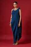 Buy_Kiran Uttam Ghosh_Blue Polyester Embroidery Round Neck Pleated Designer Dress And Drape Set _Online_at_Aza_Fashions