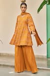Buy_Vidushi Gupta_Yellow Modal, Silk, Cotton V-neck Ochre Designer Kurta Set _at_Aza_Fashions