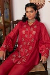 Vidushi Gupta_Red Modal, Cotton, Silk Cut Work, Embroidery Ruby Cutwork Shirt And Pant Set _Online_at_Aza_Fashions