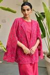 Buy_Vidushi Gupta_Fuchsia Modal, Silk, Shantoon Cut Work Open Neck, Fuschia Pink Cape And Pant Set _Online_at_Aza_Fashions