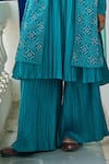 Vidushi Gupta_Teal Modal, Silk, Cotton Embroidery, Lace Round Blue Cutwork Jacket Kurta Set _Online_at_Aza_Fashions