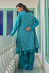 Shop_Vidushi Gupta_Teal Modal, Silk, Cotton Embroidery, Lace Round Blue Cutwork Jacket Kurta Set _at_Aza_Fashions