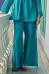 Vidushi Gupta_Teal Modal, Cotton, Silk Embroidery Round Blue Cutwork Tunic And Flared Pant Set _Online_at_Aza_Fashions