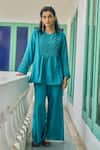 Buy_Vidushi Gupta_Teal Modal, Cotton, Silk Embroidery Round Blue Cutwork Tunic And Flared Pant Set _at_Aza_Fashions