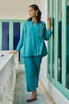 Buy_Vidushi Gupta_Teal Modal, Cotton, Silk Cut Work, Lace Round Blue Designer Jacket And Pant Set _at_Aza_Fashions